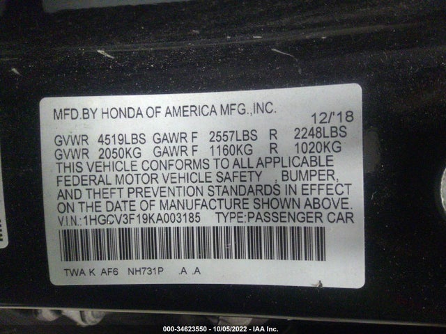 2019 Honda Accord, VIN: 1HGCV3F19KA003185
