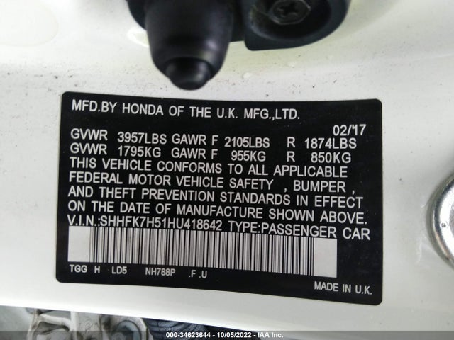 Honda Civic Hatchback Ex 2017 SHHFK7H51HU418642 Image 9