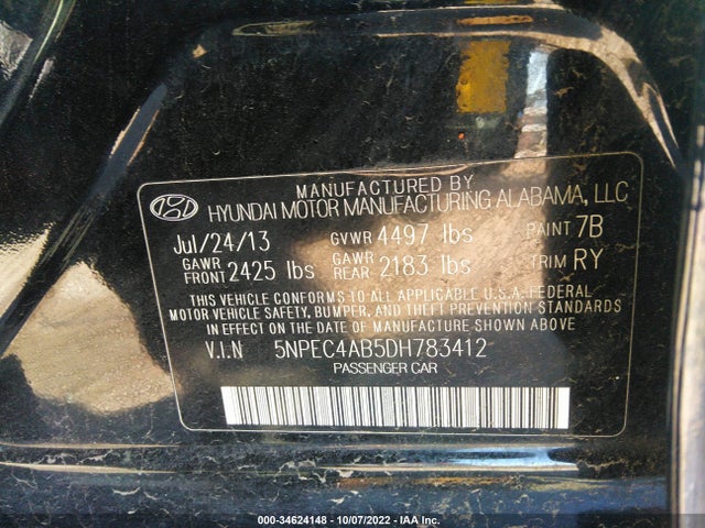 2013 HYUNDAI SONATA SE VIN: 5NPEC4AB5DH783412