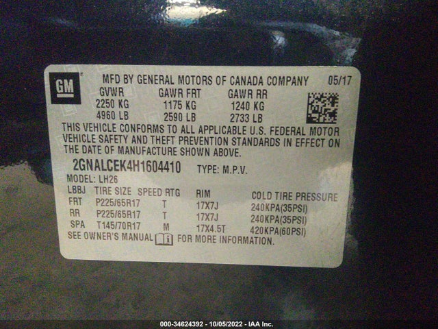 Продажа на аукционе авто 2017 Chevrolet Equinox Lt, vin: 2GNALCEK4H1604410, номер лота: 34624392