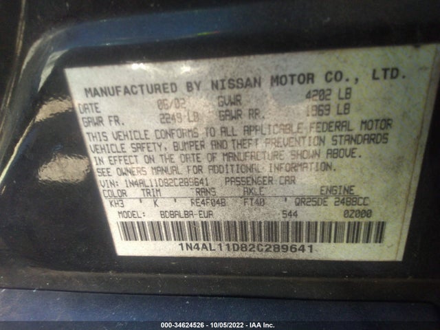 2002 NISSAN ALTIMA S VIN: 1N4AL11D82C289641