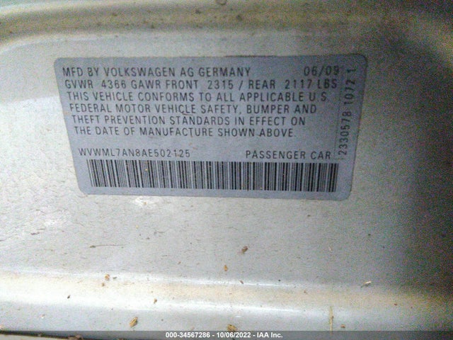 2010 VOLKSWAGEN CC SPORT VIN: WVWML7AN8AE502125