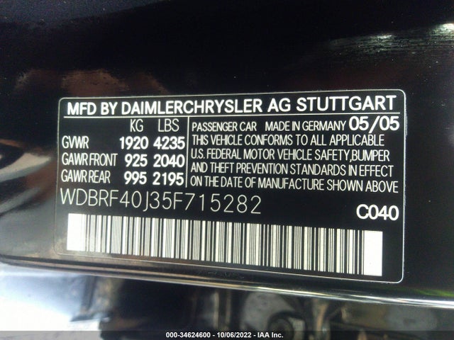 2005 MERCEDES-BENZ C-CLASS 1.8L VIN: WDBRF40J35F715282