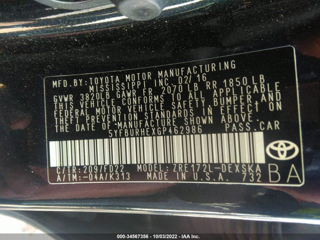 2016 TOYOTA COROLLA L/LE/S/S PLUS/LE PLUS VIN: 5YFBURHEXGP462986