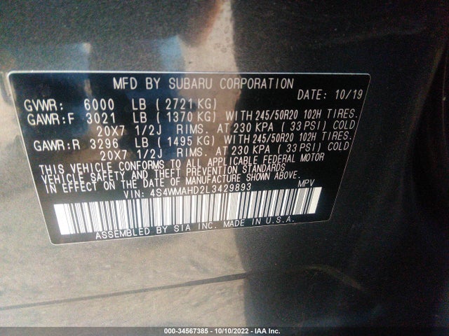 2020 Subaru Ascent, VIN: 4S4WMAHD2L3429893