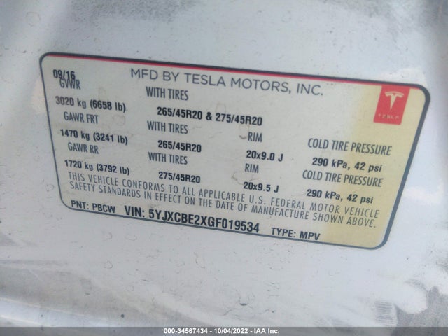 2016 TESLA MODEL X 90D VIN: 5YJXCBE2XGF019534