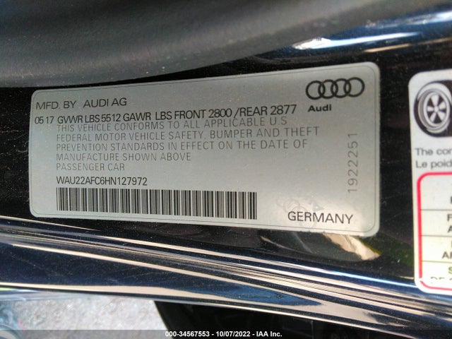 2017 Audi A7, VIN: WAU22AFC6HN127972
