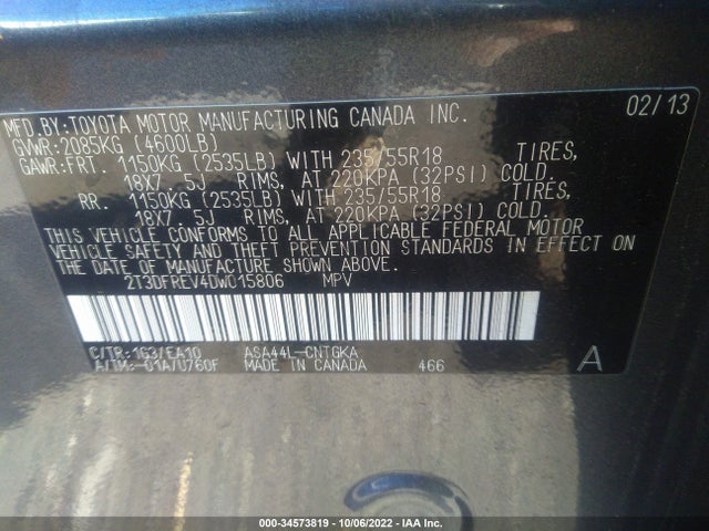 2013 TOYOTA RAV4 LIMITED VIN: 2T3DFREV4DW015806