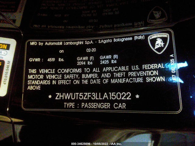 2020 Lamborghini Huracan, VIN: ZHWUT5ZF3LLA15022