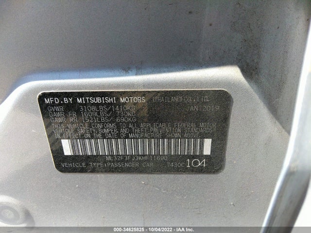2019 MITSUBISHI MIRAGE G4 ES/RF VIN: ML32F3FJ3KHF11690