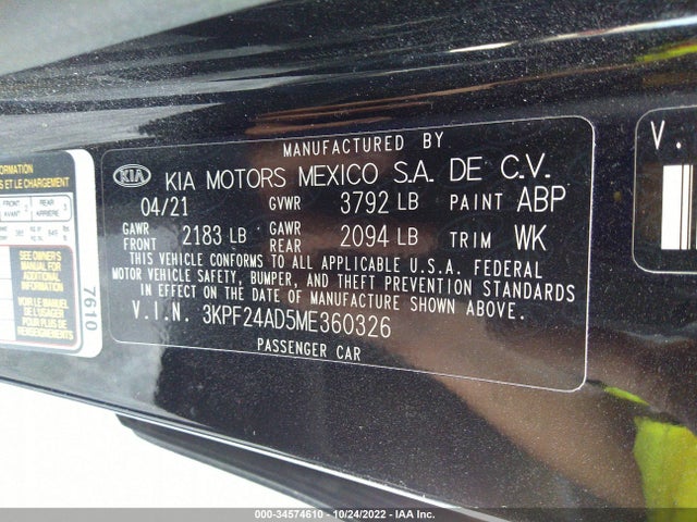 2021 KIA FORTE LXS VIN: 3KPF24AD5ME360326