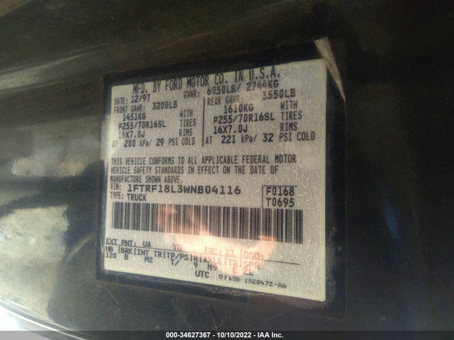 1998 FORD F-150 VIN: 1FTRF18L3WNB04116
