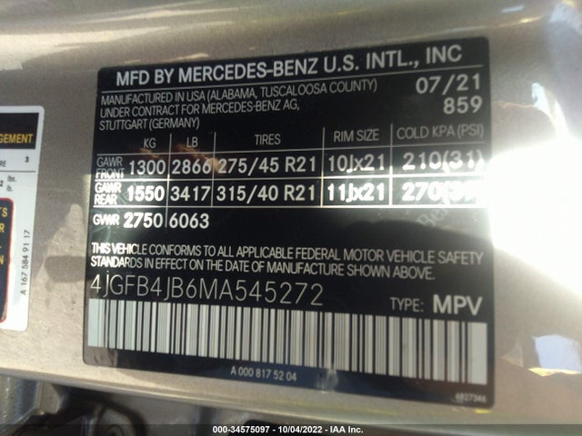 2021 Mercedes-Benz GLE-Class, VIN: 4JGFB4JB6MA545272