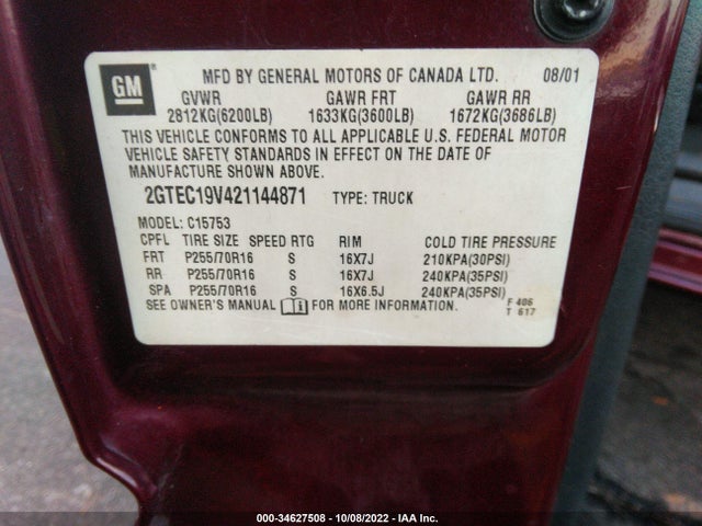 2002 GMC SIERRA 1500 SLE VIN: 2GTEC19V421144871