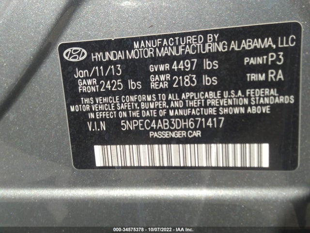 2013 HYUNDAI SONATA LIMITED VIN: 5NPEC4AB3DH671417