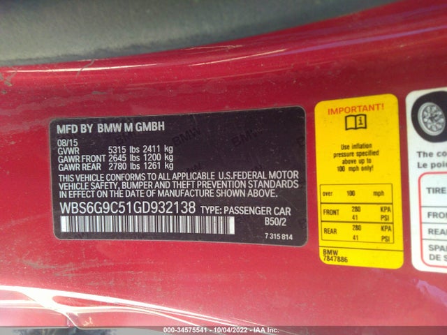 2016 BMW M6, VIN: WBS6G9C51GD932138