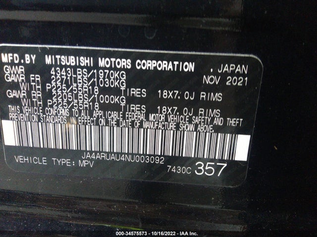 JA4ARUAU4NU003092 Mitsubishi Outlander Sport Es/le/se