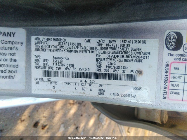 2013 FORD FIESTA SE VIN: 3FADP4BJ8DM204211