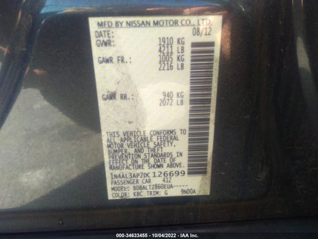 2013 NISSAN ALTIMA 2.5 SV VIN: 1N4AL3AP2DC126699