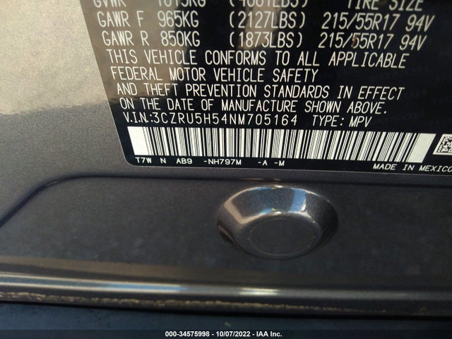 2022 HONDA HR-V EX VIN: 3CZRU5H54NM705164