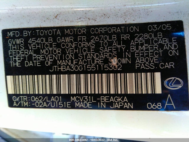 2005 LEXUS ES 330 VIN: JTHBA30G155115302