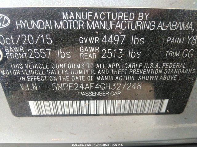 2016 HYUNDAI SONATA 2.4L SE VIN: 5NPE24AF4GH327248