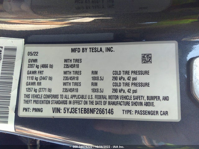 Tesla MODEL 3 2022 5YJ3E1EB8NF266146 Image 9