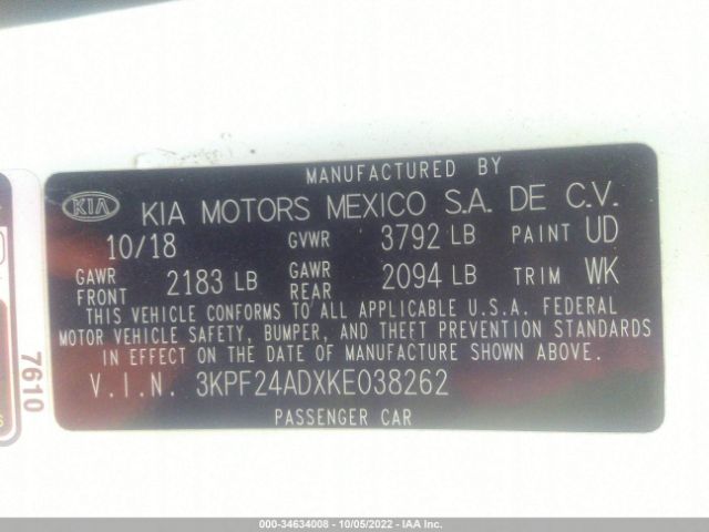 3KPF24ADXKE038262 KIA Forte Lxs