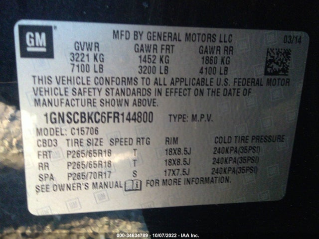 2015 Chevrolet Tahoe, VIN: 1GNSCBKC6FR144800