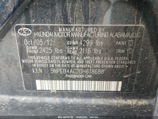 2013 HYUNDAI SONATA GLS VIN: 5NPEB4AC2DH618686