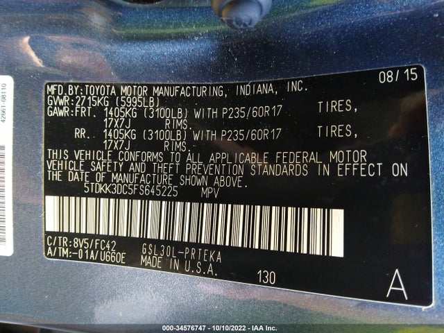 2015 Toyota Sienna, VIN: 5TDKK3DC5FS645225