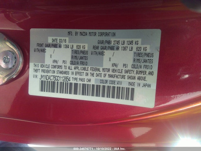 2016 Mazda MX-5 Miata, VIN: JM1NDAC76G0112854