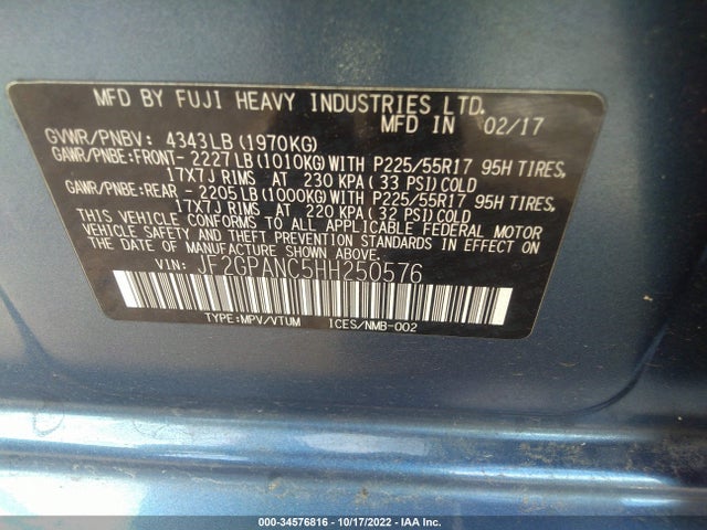 2017 SUBARU CROSSTREK LIMITED VIN: JF2GPANC5HH250576