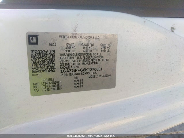 2019 Chevrolet Express, VIN: 1GAZGPFG8K1270681