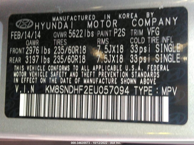 2014 HYUNDAI SANTA FE LIMITED VIN: KM8SNDHF2EU057094
