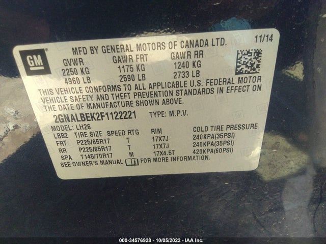 2015 Chevrolet Equinox, VIN: 2GNALBEK2F1122221