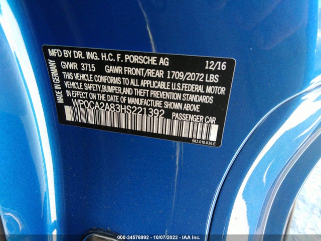 2017 Porsche Boxster, VIN: WP0CA2A83HS221392