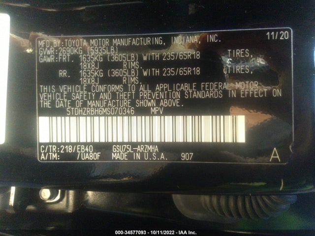 2021 Toyota Highlander, VIN: 5TDHZRBH6MS070346