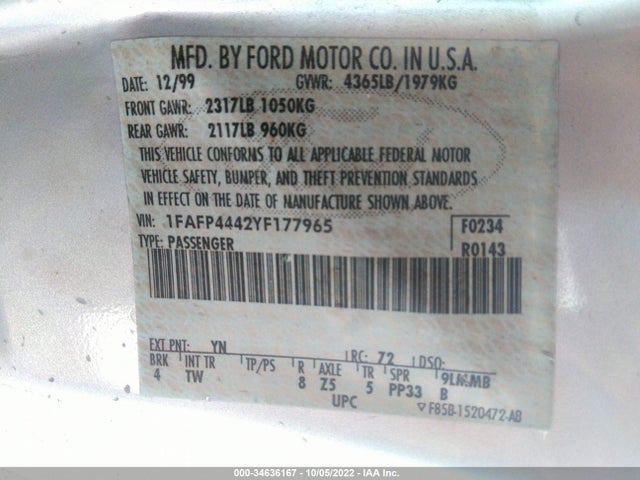 2000 FORD MUSTANG VIN: 1FAFP4442YF177965