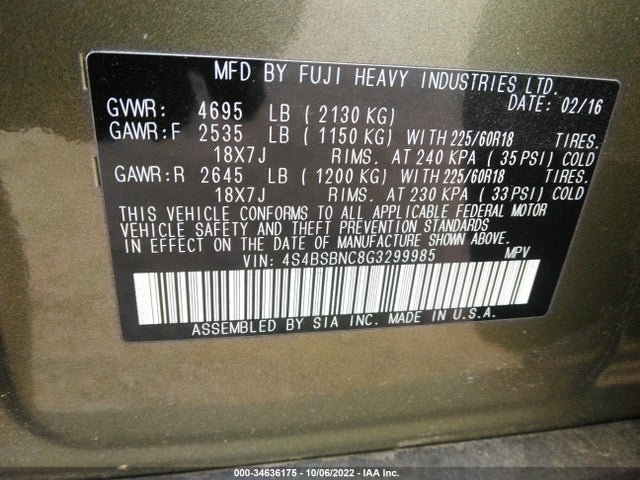 2016 Subaru Outback, VIN: 4S4BSBNC8G3299985