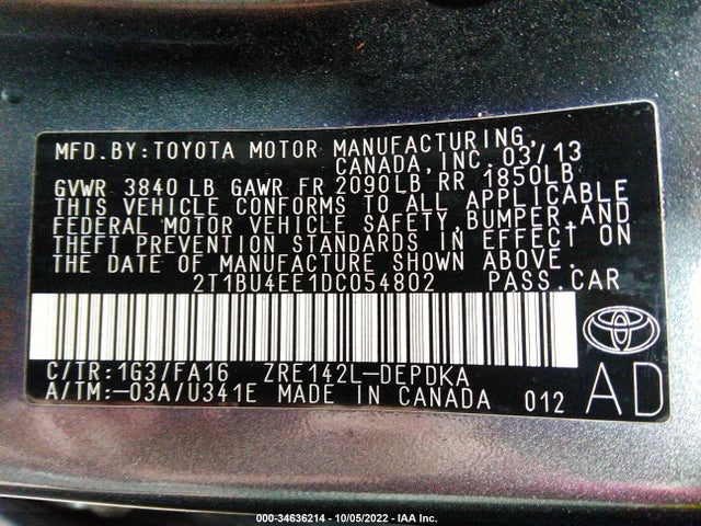 2013 TOYOTA COROLLA L/LE/S VIN: 2T1BU4EE1DC054802