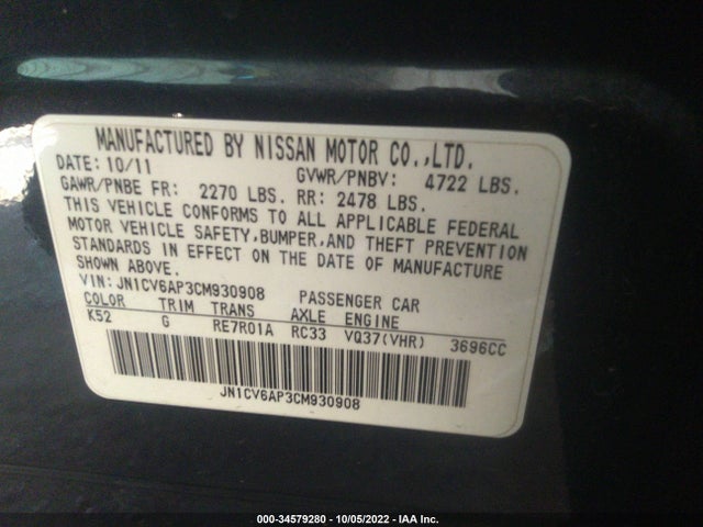 2012 INFINITI G37 SEDAN JOURNEY VIN: JN1CV6AP3CM930908