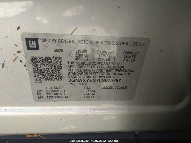 2020 CHEVROLET EQUINOX PREMIER VIN: 3GNAXYEX7LS675787