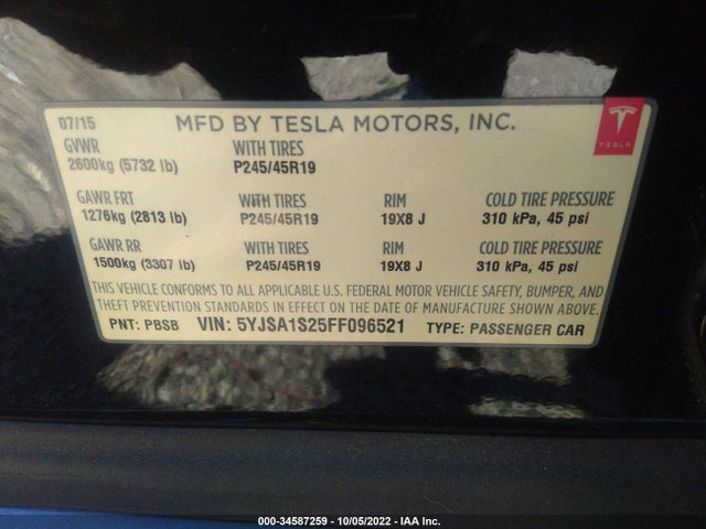 Tesla Model S 85d/70d/90d/p90d 2015 5YJSA1S25FF096521 Image 9