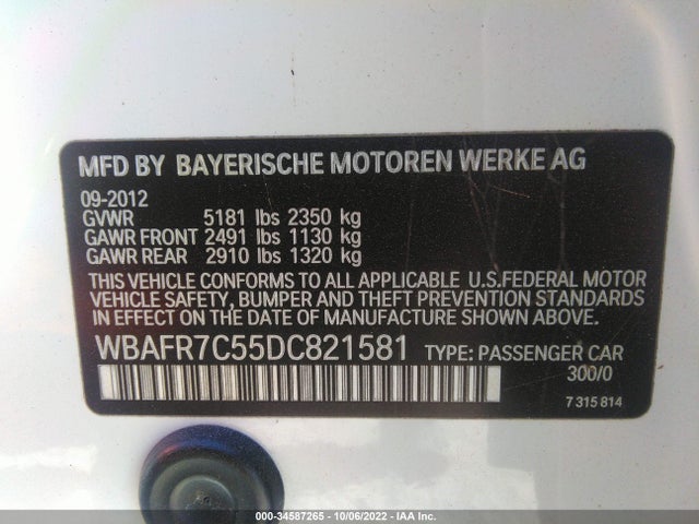 2013 BMW 5 SERIES 535I VIN: WBAFR7C55DC821581