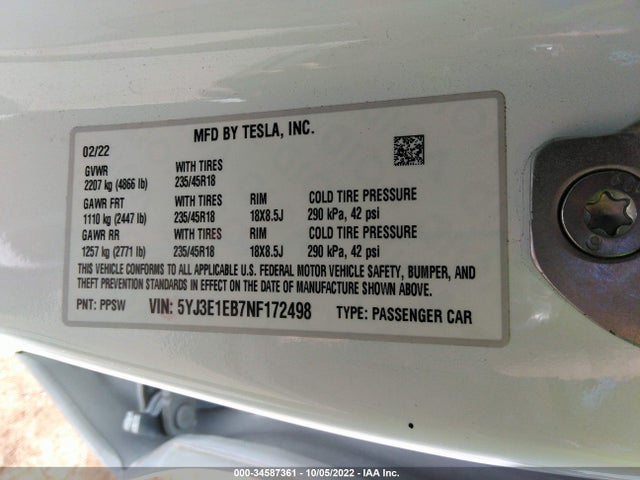 Tesla MODEL 3 2022 5YJ3E1EB7NF172498 Image 14