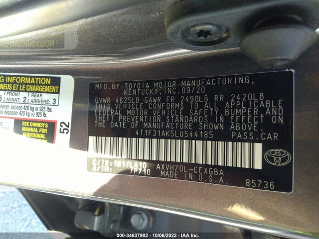 2020 Toyota Camry, VIN: 4T1F31AK5LU544185