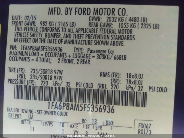 2015 Ford Fastback, VIN: 1FA6P8AM5F5356936