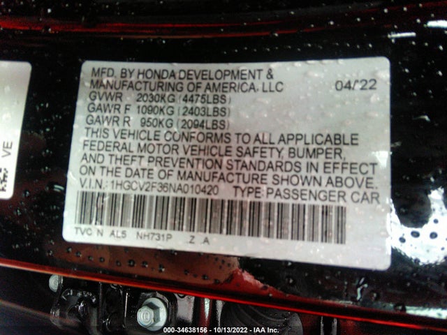 2022 Honda Accord, VIN: 1HGCV2F36NA010420