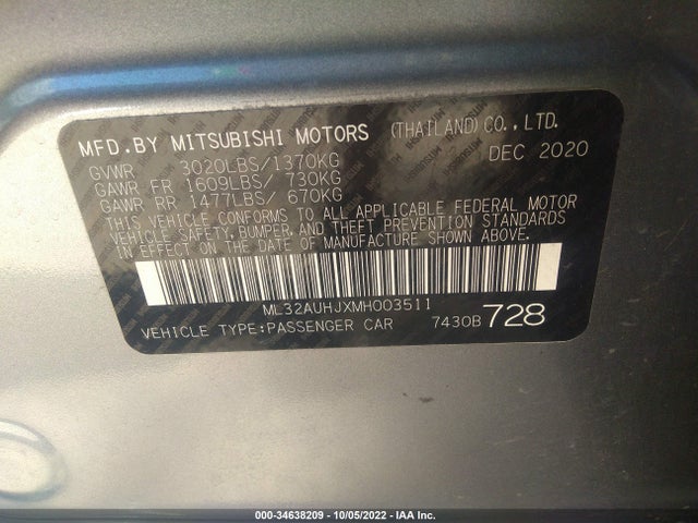 2021 MITSUBISHI MIRAGE ES/LE/CARBONITE EDITION VIN: ML32AUHJXMH003511